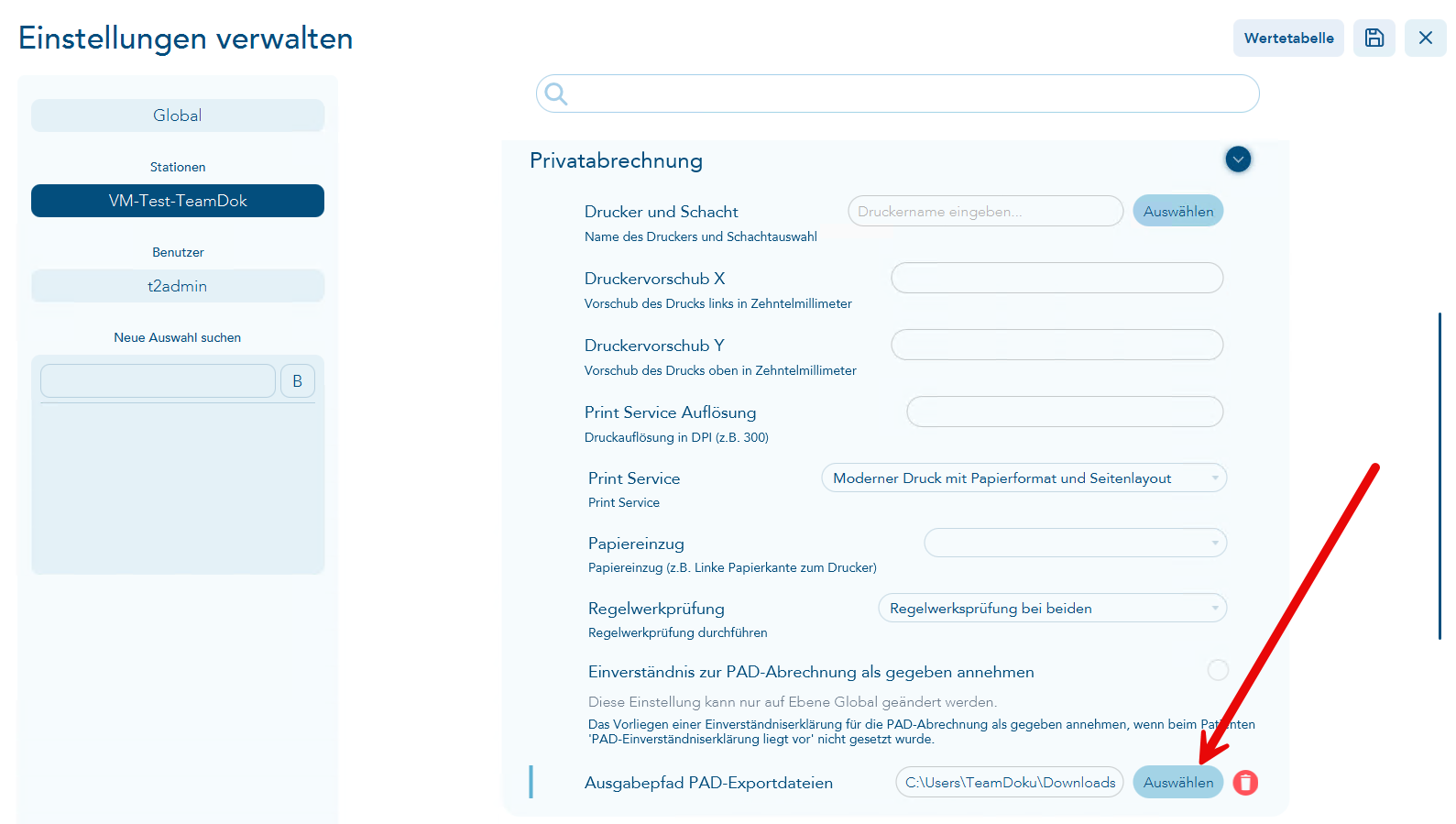 Das Bild zeigt die Einstellungen zur Privatabrechnung und ein roter Pfeil verweist auf den Auswahlbutton zum Einrichten des Speicherverzeichnisses für die erstellten Abrechnungs-Zip-Files