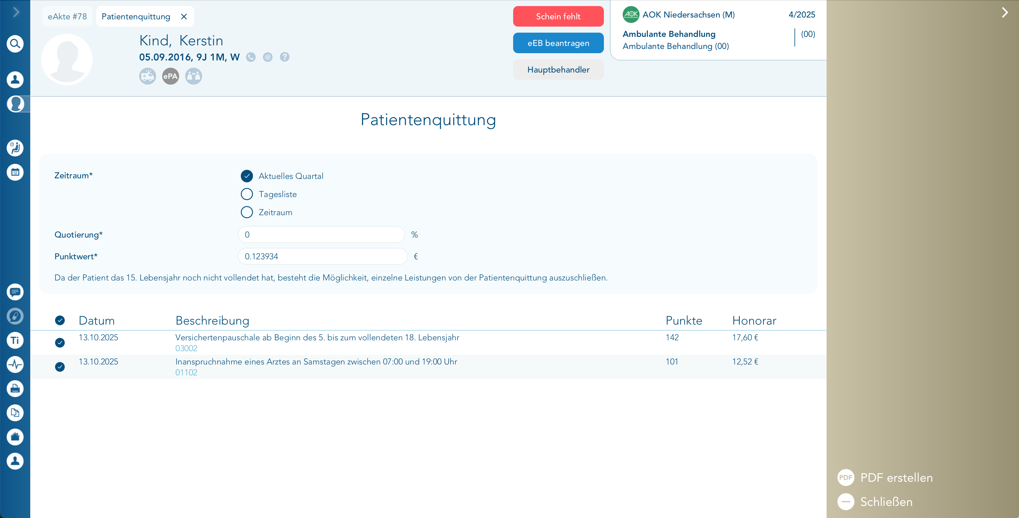 Patientenquittung Abwahl einzelner Leistungen bei Kindern unter 15 Jahren