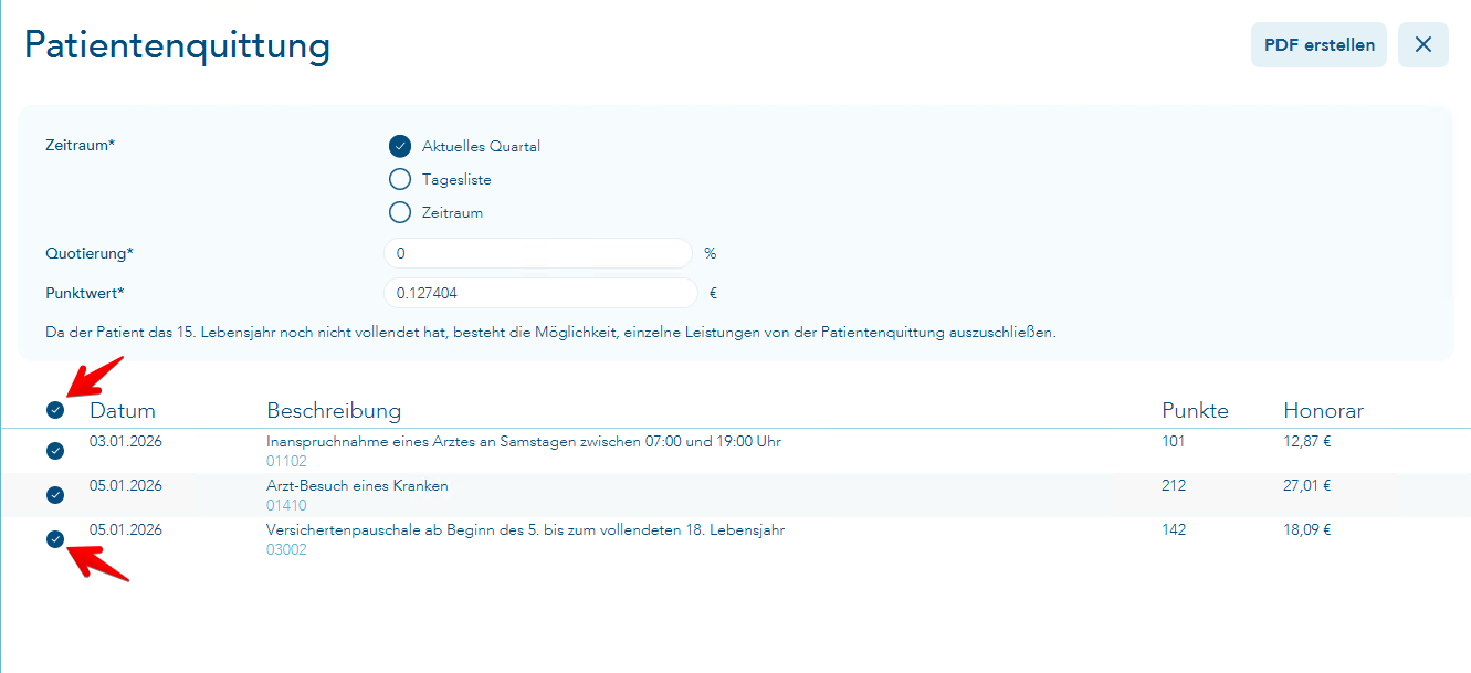  Patientenquittung Abwahl einzelner Leistungen bei Kindern unter 15 Jahren