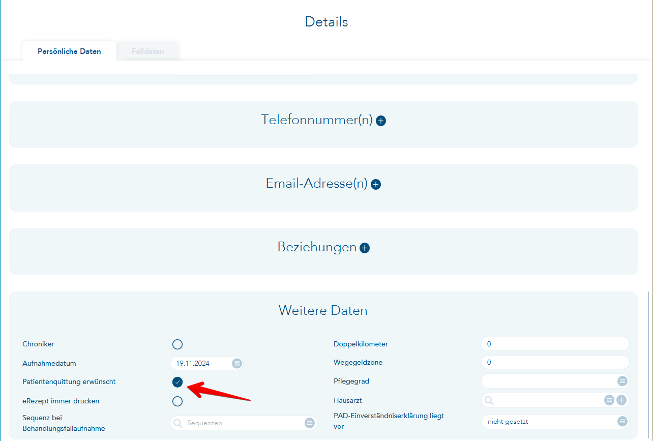 Patientendetails zur Patientenquittung
