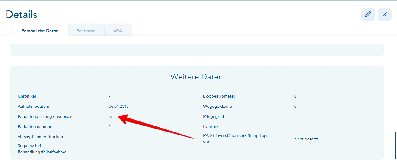 Patientendetails zur Aktivierung der Patientenquittung