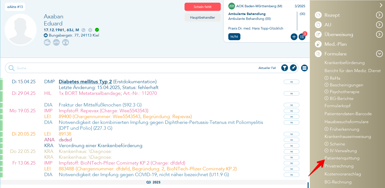 Menüeintrag Patientenquittung