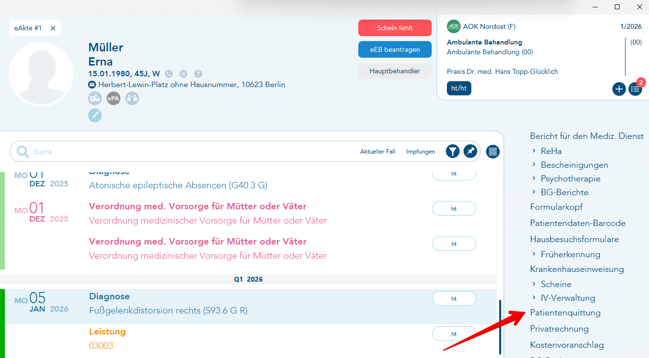 Aufruf der Patientenquittung über den Menüeintrag