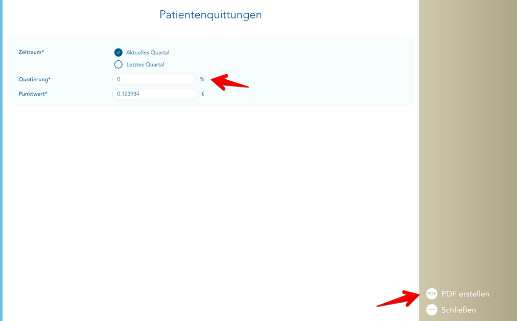 Mehrere Patientenquittungen drucken und Quotierung