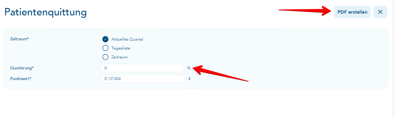 Mehrere Patientenquittungen drucken und Eingabe zur Quotierung