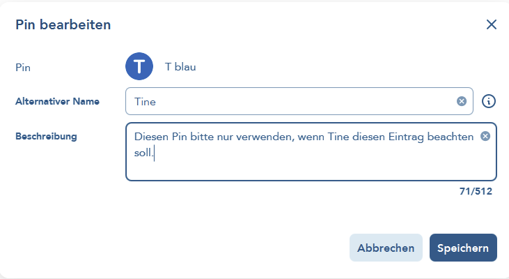 Das Bild zeigt den Dialog zum Bearbeiten eines Pins
