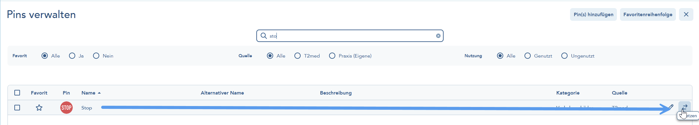 Das Bild zeigt den Dialog zum Ersetzen bereits verwendeter Pins und ein blauer Pfeil verweist auf den Button Ersetzen rechts in der Tabelle