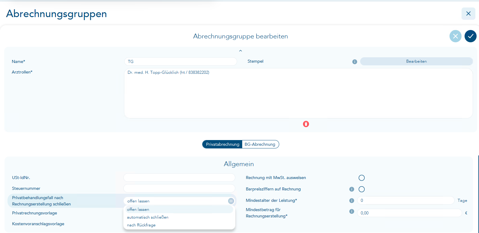 Drei Einstellungen zum Privat-Behandlungsfall schließen in der Privatabrechnungsgruppe 