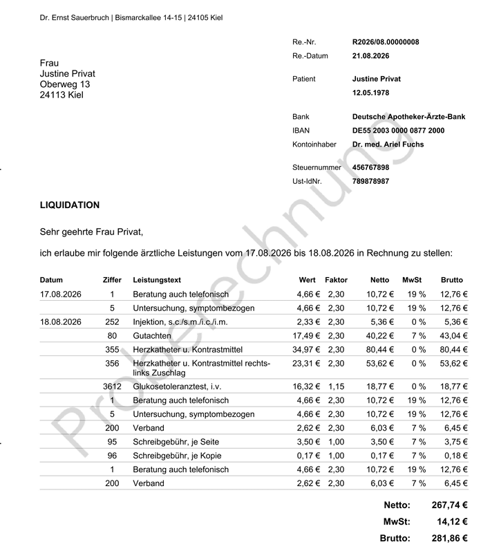 Das Bild zeigt die Druckversion der Proberechnung mit dem Wort Proberechnung im Hintergrund