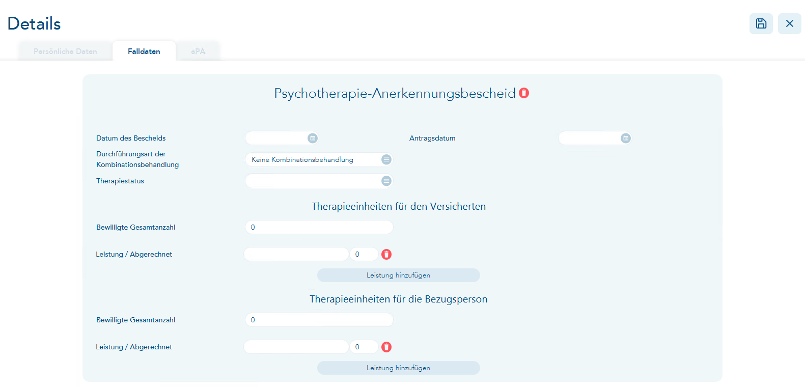Das Bild zeigt den Eingabebereich zur Erfassung der Daten zum Anerkennungsbescheid