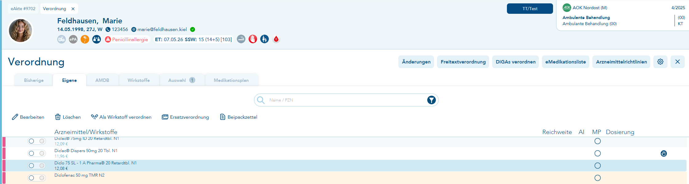 Ansicht der Eigenen Liste mit neuem Menü