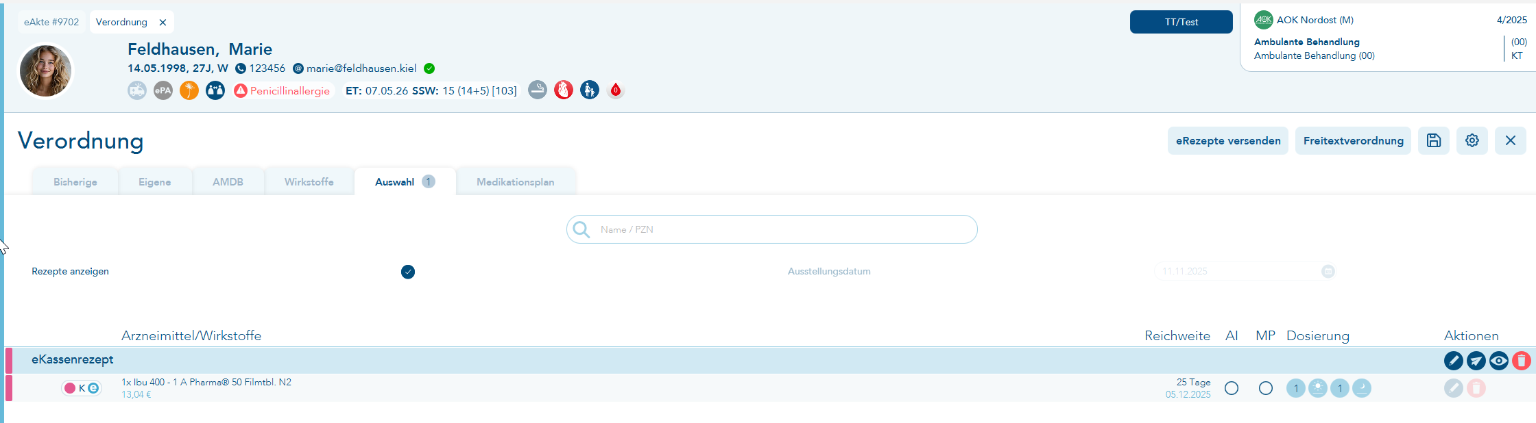 Ansicht der Rezeptauswahl mit neuem Menü