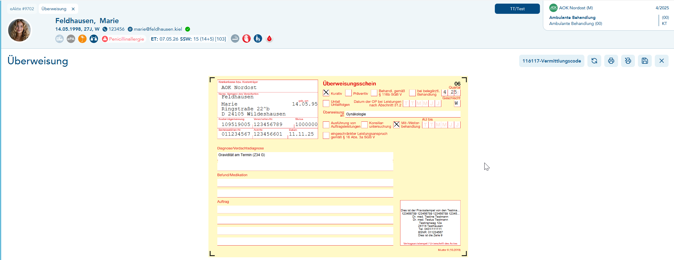 Ansicht der Überweisung mit neuem Menü