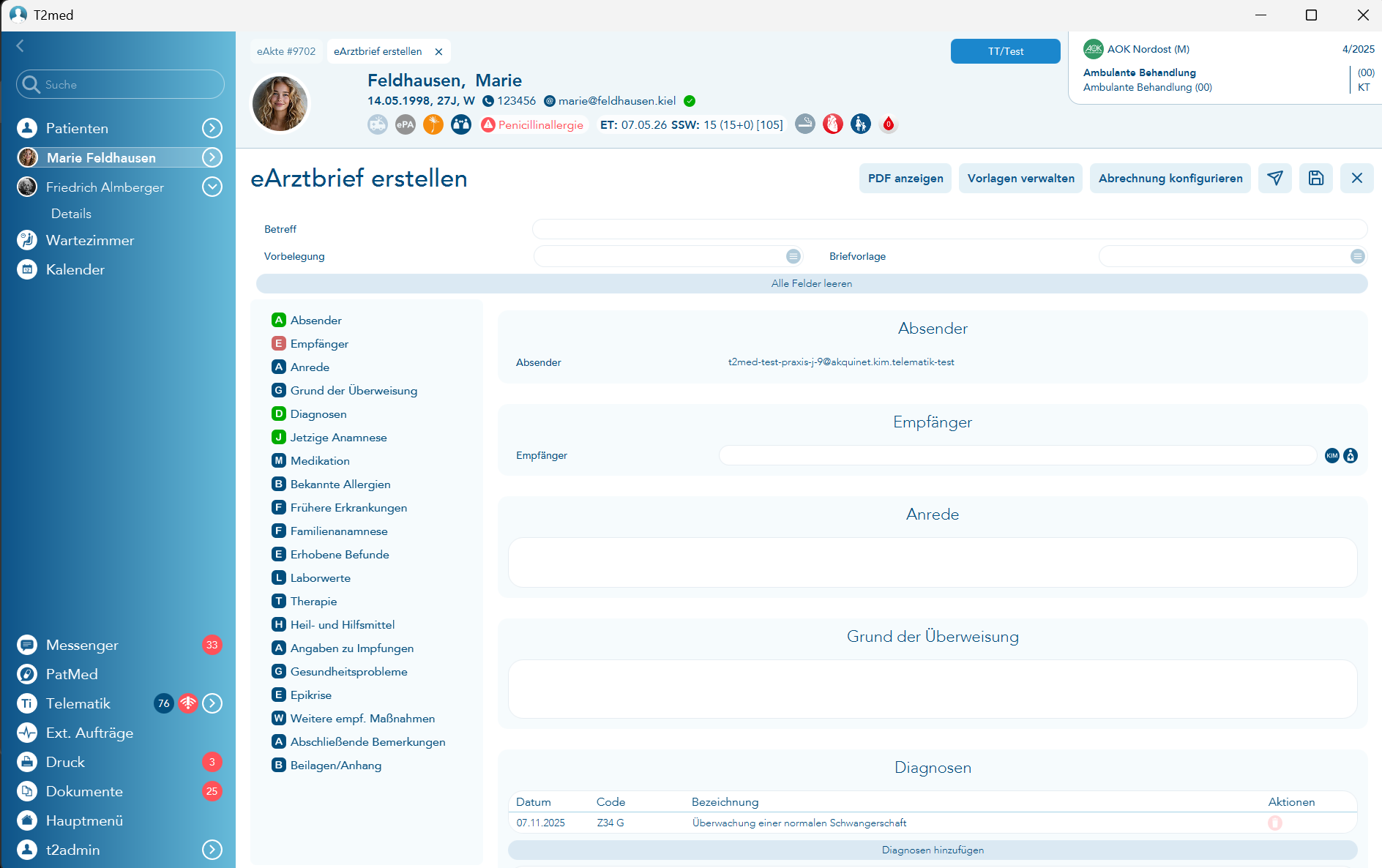 Ansicht des eArztbriefes mit neuem Menü