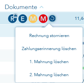 Das Bild zeigt die in der Spalte Dokumente möglichen Symbole, für Rechnung, Erinnerung, erste Mahnung oder zweite Mahnung und am Ende das Symbol zum Öffnen eines Auswahlmenüs zum Rechnungen stornieren oder Erinnerung, erste Mahnung oder zweite Mahnung löschen