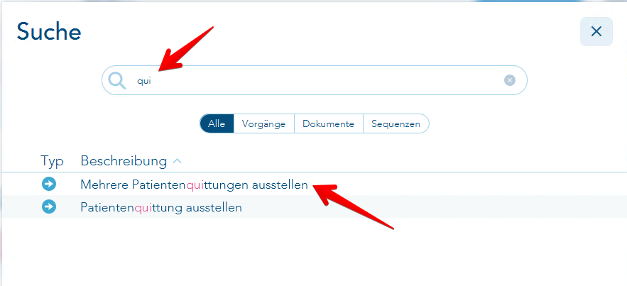 Sucheingabe zur Ausgabe der Patientenquittung für mehrere Patienten