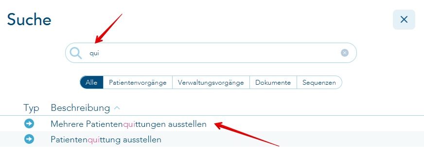 Sucheingabe zur Ausgabe der Patientenquittung für mehrere Patienten