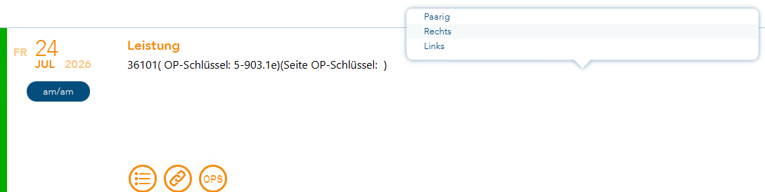 Auswahl der möglichen Seitenlokalisation zum OP-Schlüssel zum Eintrag in die Lesitungszeile