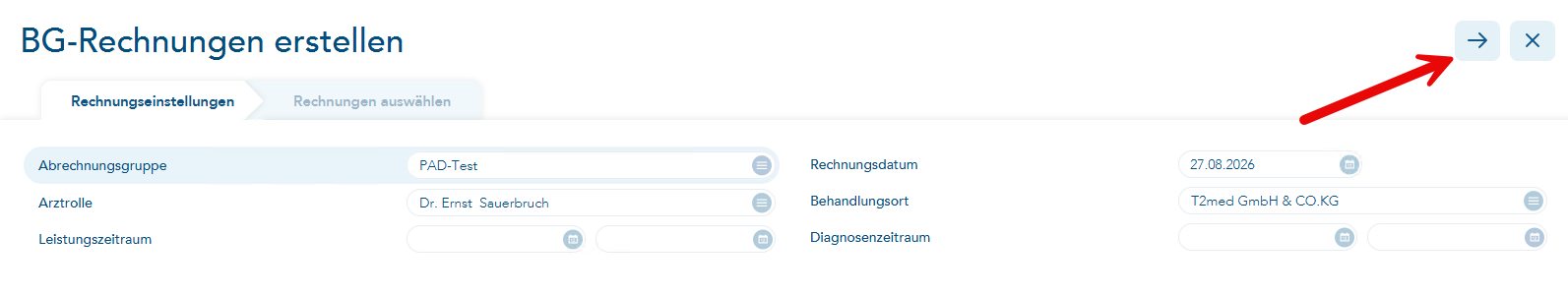 Das Bild zeigt die Vorgangsaktion BG-Rechnungen erstellen und ein roter Pfeil verweist auf den Aktionbutton Weiter