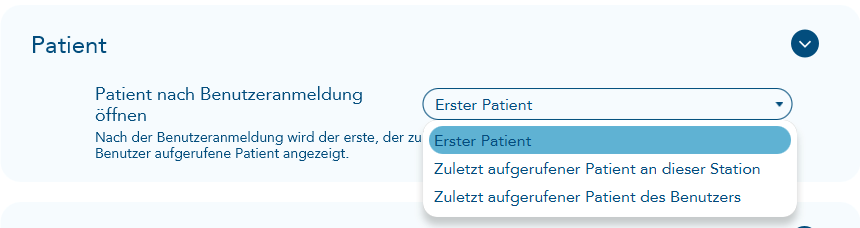 Einstellung Patient nach Benutzeranmeldung öffnen