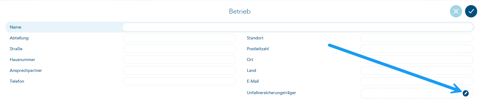 Das Bild zeigt den Vorgang Betrieb und ein blauer Pfeil verweist auf das Stift-Symbol zu Zuweisung eines Unfallversicherungsträgers aus der Liste