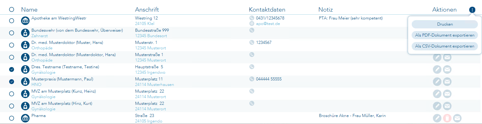 Einträge markiert und als pdf exportieren