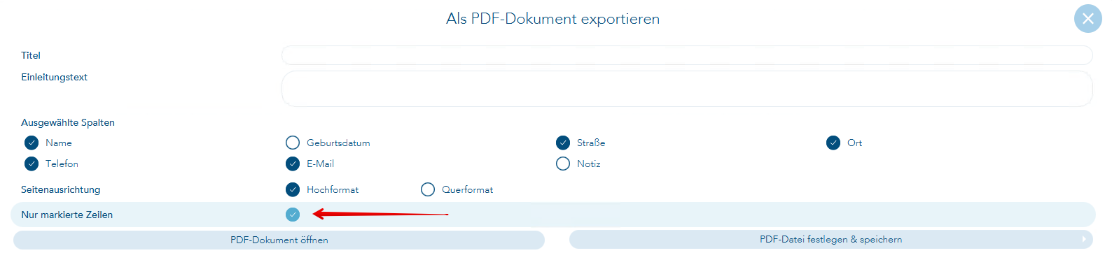 Nur markierte Zeilen exportieren